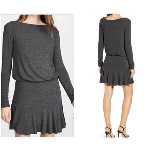 BAILEY 44 GREY ZOE DRESS BOAT NECK FLOUNCE SKIRT LONG SLEEVES WOOL BLD M